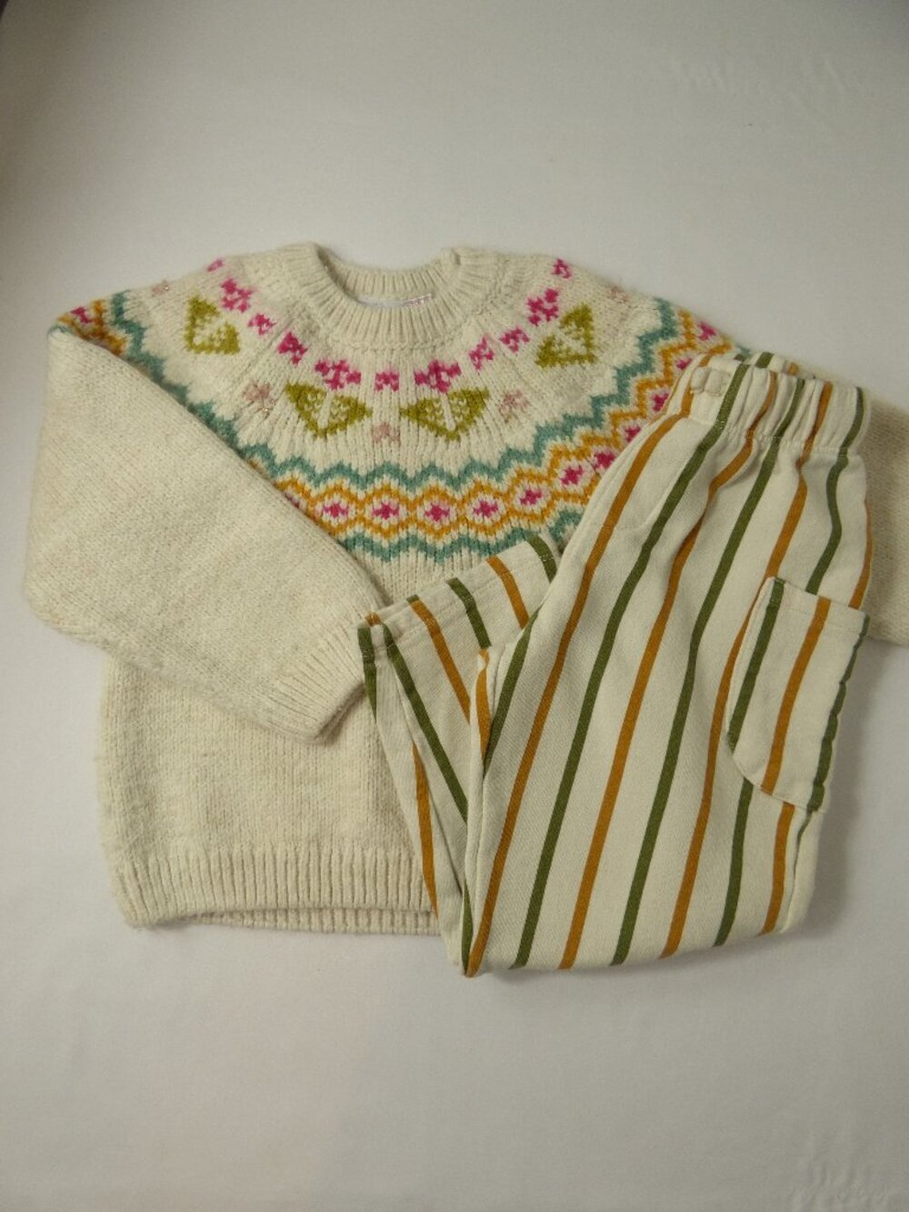 ZARA Chunky Fair Isle Sweater with Baggy Stripe Pants Set, Size 5-6 Years